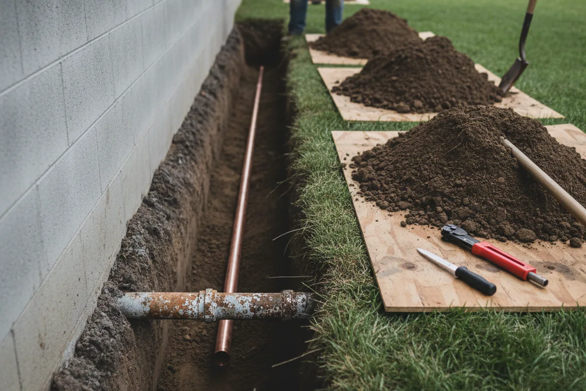 Excavated water line trench during Sewer Line Repair in Sweet